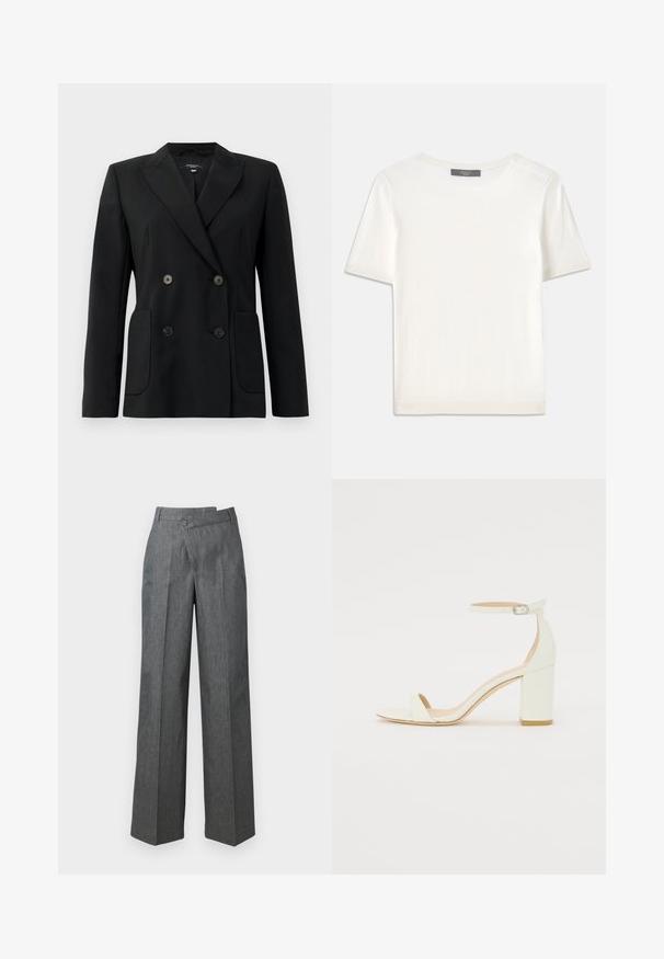 Blazer nero doppiopetto realizzato in tessuto strutturato, con rever a forma di pescante, due tasche frontali e quattro bottoni neri.; Top corto a maniche corte di colore bianco, in maglia, con scollatura rotonda. Presenta una texture liscia e accenti a coste sottili sulle maniche e sull'orlo.; Pantaloni a gamba larga in tessuto grigio scuro, con vita alta, pieghe frontali e chiusura con un bottone laterale.; Sandal con tacco cubano bianco in pelle, caratterizzata da una cinghia alla caviglia con fibbia e design minimalista. Punta aperta e texture liscia in tutto il sandalo.
