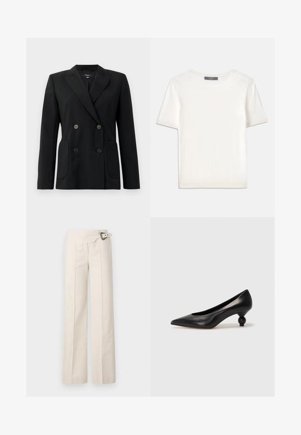 Zwarte dubbelgebreide blazer van gestructureerde stof, met notch revers, twee voord pockets en vier zwarte knopen.; Witte gebreide top met korte mouwen en een ronde halslijn, met een gladde textuur en subtiele ribgebreide accenten bij de mouwen en de zoom.; Brede broekspijpen in crème stof met een gestructureerd oppervlak. Kenmerkt zijplooien en een decoratieve riem met een cirkelvormige gesp.; Zwarte leren hoge hak schoen met een spitse neus en een ronde, bolle hak. Gladde textuur met een elegant, minimalistisch ontwerp.