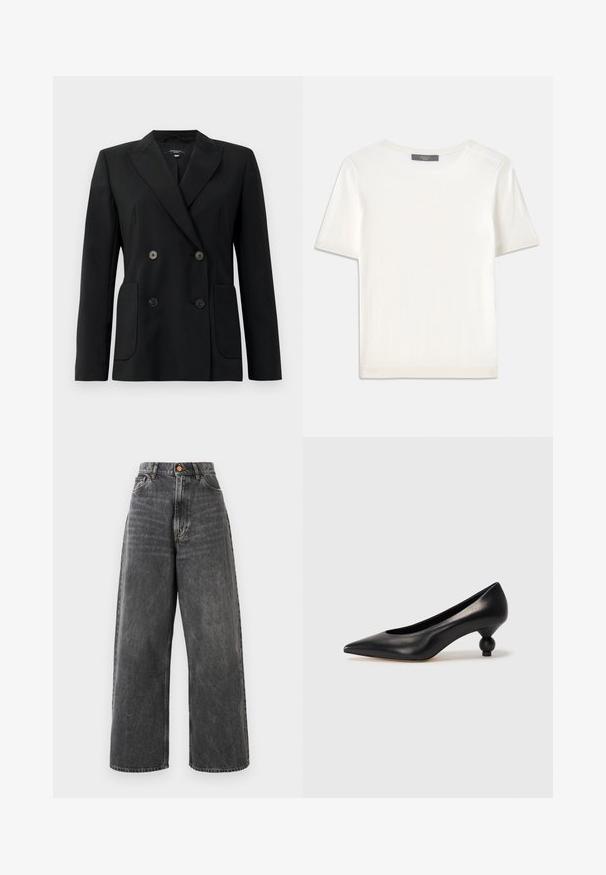 Mustvalge topeltkinnitatud bleiser, mis on valmistatud jäigast kangast, millel on kraed, kaks esist pocketit ja neli musta nööpi.; Valge lühikeste varrukatega soonikutega viimistletud ringkaelusega kampsun, millel on sile tekstuur.; Kõrge vöökoht ja laiad teksad pleekinud mustast denimist, ees on taskud, vöökohal silmused ja vasknööpiga kinnitamine.; Must musta kõrge kontsaga king, millel on terav nina ja ümar, pallikujuline konts. Sile pind ja elegantne, minimalistlik disain.