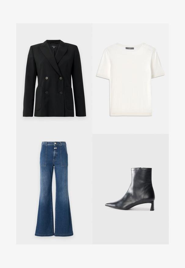 Black double-breasted blazer made of structured fabric, featuring notch lapels, two front pockets, and four black buttons.; White short-sleeve knit top with a round neckline, featuring a smooth texture and subtle ribbed accents at sleeves and hem.; High-waisted flared jeans in medium blue denim with a faded finish. Features patch pockets and a button closure. Clean hem.; Black leather ankle boot with a pointed toe and a sleek design. Features a low heel and a zipper closure at the back. Smooth texture.