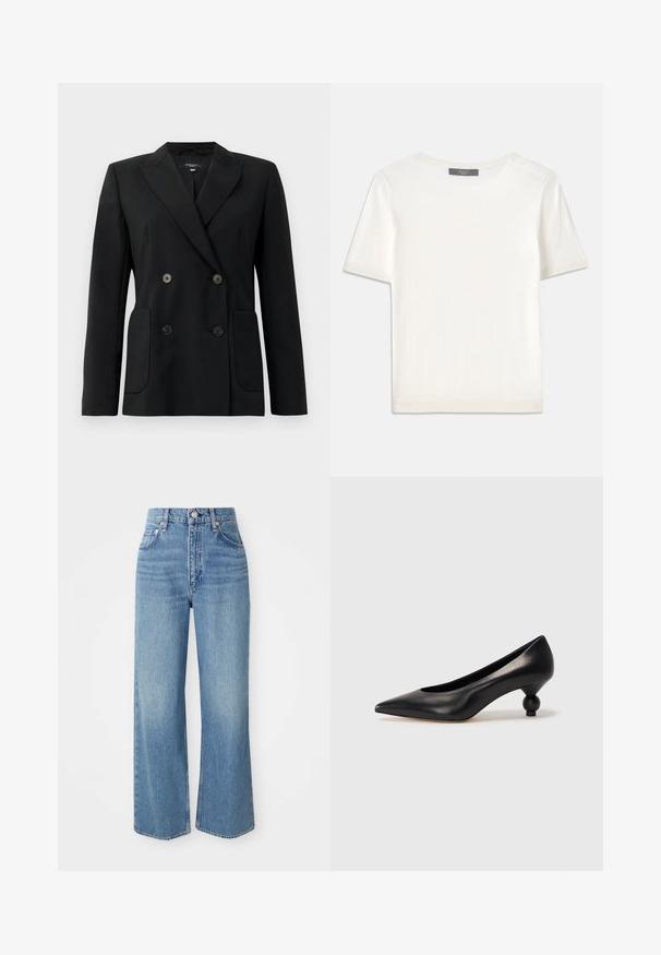 Black double-breasted blazer made of structured fabric, featuring notch lapels, two front pockets, and four black buttons.; White short-sleeve knit top with a round neckline, featuring a smooth texture and subtle ribbed accents at sleeves and hem.; Light blue denim jeans with a high waist, wide legs, and raw hem. Features traditional five-pocket design and silver-tone button closure.; Black leather high heel shoe with a pointed toe and a round, balled heel. Smooth texture with a sleek, minimal design.