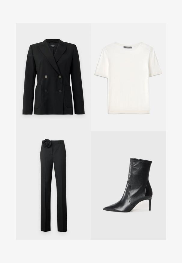 Mustvalge topeltkinnitatud bleiser, mis on valmistatud jäigast kangast, millel on kraed, kaks esist pocketit ja neli musta nööpi.; Valge lühikeste varrukatega soonikutega viimistletud ringkaelusega kampsun, millel on sile tekstuur.; Mustad püksid kohandatud lõikega, millel on kangas roosi aksessuaar vöö kohal, sirged sääred ja sile tekstuur.; Mustad mustajalatsid, mis on valmistatud siledast nahast, omavad teravat nina, kitsast varre ja peenikest kõrget kontsa. Minimalistlik disain, ilma nähtava riistvaraeta.