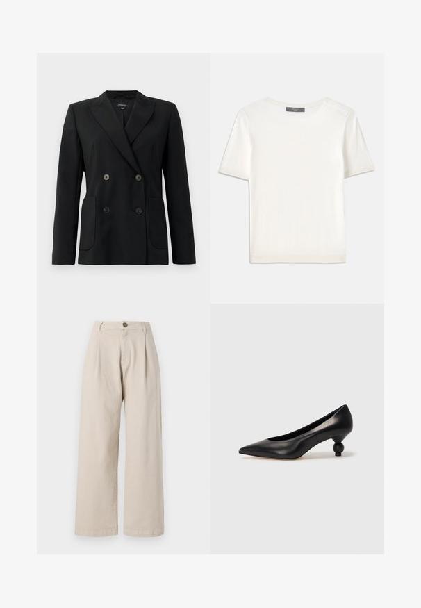Mustvalge topeltkinnitatud bleiser, mis on valmistatud jäigast kangast, millel on kraed, kaks esist pocketit ja neli musta nööpi.; Valge lühikeste varrukatega soonikutega viimistletud ringkaelusega kampsun, millel on sile tekstuur.; Bežid laiad püksid kõrge taljega, esipliiatsitega, ühe nupuga kinnitusega ja siledast kangast.; Must musta kõrge kontsaga king, millel on terav nina ja ümar, pallikujuline konts. Sile pind ja elegantne, minimalistlik disain.