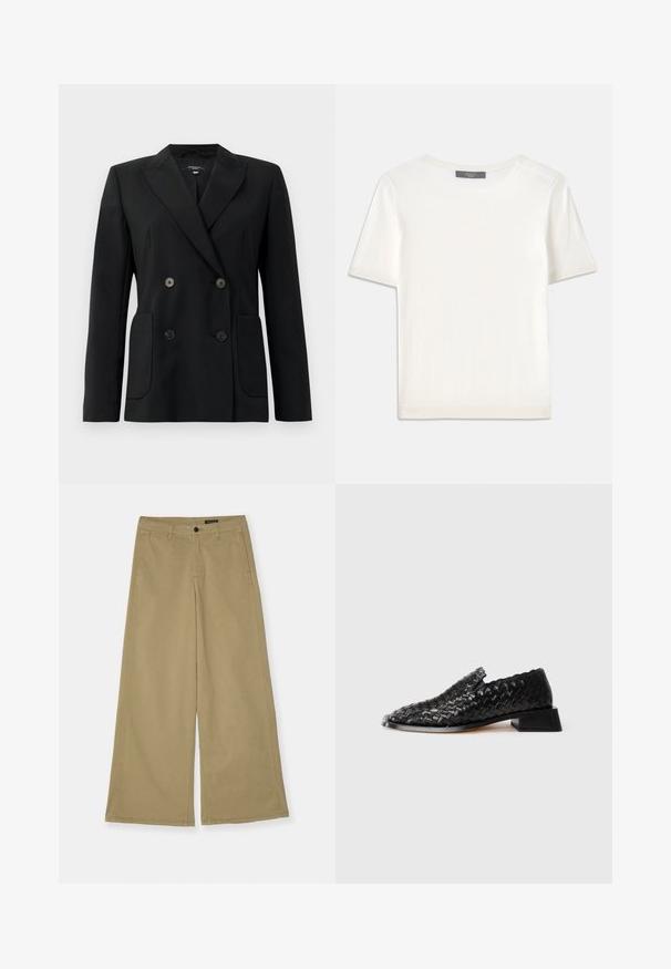 Schwarzer, doppelt gefütterter Blazer aus strukturiertem Stoff, mit Reverskragen, zwei Vordertaschen und vier schwarzen Knöpfen.; Weißes kurzärmliges Strickoberteil mit rundem Halsausschnitt, das eine glatte Textur und subtile Rippakzente an den Ärmeln und dem Saum aufweist.; Khakifarbene weite Baumwollhosen mit Knopfverschluss, Seitentaschen und sichtbaren Nähdetails. Glatte Textur.; Schwarzer, geflochtener Leder-Slipper mit niedrigem Blockabsatz und gewelltem Rand, auf weißem Hintergrund präsentiert.