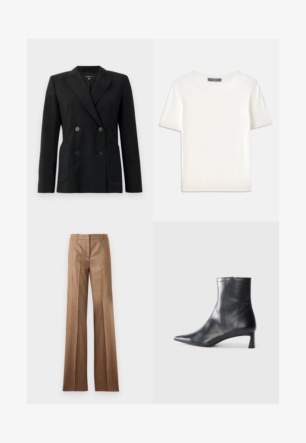 Black double-breasted blazer made of structured fabric, featuring notch lapels, two front pockets, and four black buttons.; White short-sleeve knit top with a round neckline, featuring a smooth texture and subtle ribbed accents at sleeves and hem.; Brown plaid straight-leg trousers with belt loops and front crease on a light gray background.; Black leather ankle boot with a pointed toe and a sleek design. Features a low heel and a zipper closure at the back. Smooth texture.