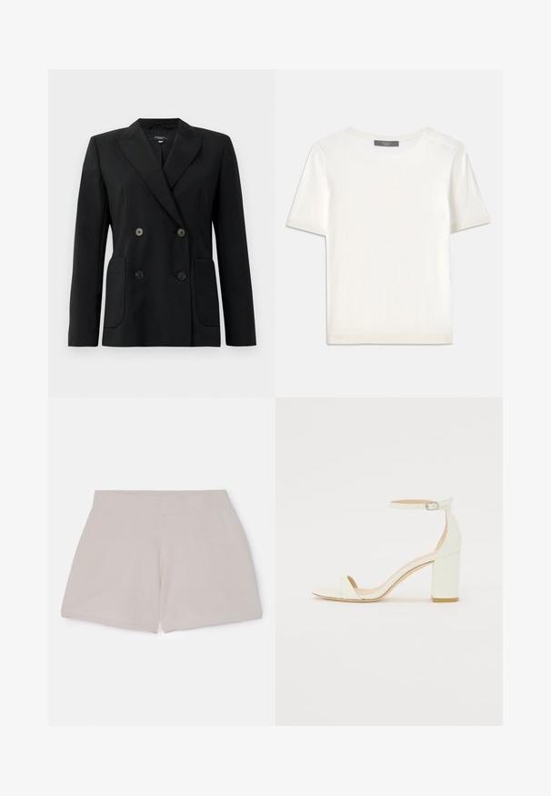 Crni dvostruki sako od čvrstog materijala, s reverima, dva prednja džepa i četiri crna dugmeta.; Bijela kratkotrajna pletena majica s kratkim rukavima i okruglim izrezom, koja se odlikuje glatkom teksturom i suptilnim rebrastim detaljima na rukavima i rubu.; Bež pamučne šorceve s elastičnim pojasom, teksturiranog završetka, ravnog kroja, bez vidljivih džepova ili detalja.; Bijela kožna sandala na blok petu s remenom oko zapešća i minimalističkim dizajnom. Otvoreni nos i glatke teksture kroz cijelu obuću.
