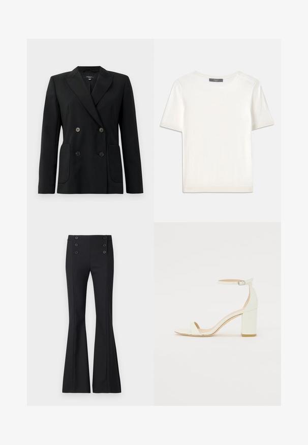 Schwarzer, doppelt gefütterter Blazer aus strukturiertem Stoff, mit Reverskragen, zwei Vordertaschen und vier schwarzen Knöpfen.; Weißes kurzärmliges Strickoberteil mit rundem Halsausschnitt, das eine glatte Textur und subtile Rippakzente an den Ärmeln und dem Saum aufweist.; Schwarze Schlaghosen aus gewebtem Stoff, mit hoher Taille, vorderen Nahtdetails und vier dekorativen Knöpfen an der Taille.; Weißes Leder-Sandale mit Blockabsatz, die ein Knöchelriemen mit einer Schnalle und ein minimalistisches Design aufweist. Offene Zehen und glatte Texturen im gesamten Design.