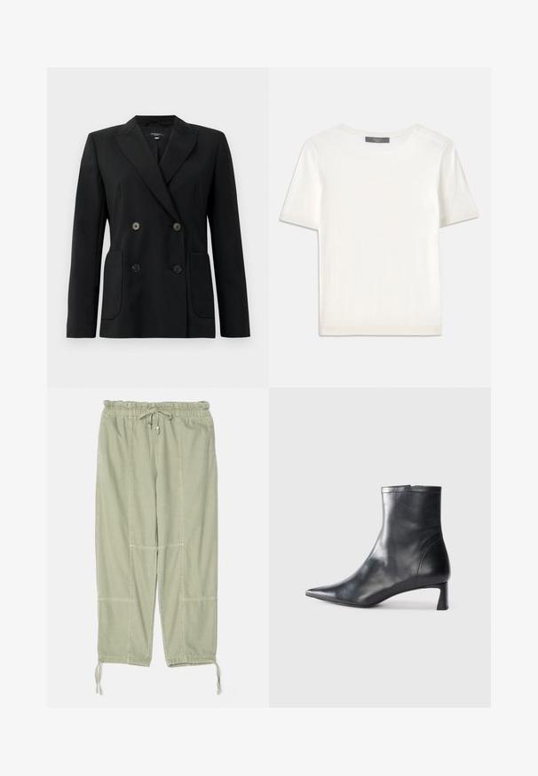 Schwarzer, doppelt gefütterter Blazer aus strukturiertem Stoff, mit Reverskragen, zwei Vordertaschen und vier schwarzen Knöpfen.; Weißes kurzärmliges Strickoberteil mit rundem Halsausschnitt, das eine glatte Textur und subtile Rippakzente an den Ärmeln und dem Saum aufweist.; rag & bone JORDAN PANT - Stoffhose - jade; Schwarze Lederstiefelette mit spitzer Zehe und schlankem Design. Verfügt über einen niedrigen Absatz und einen Reißverschluss hinten. Glatte Textur.
