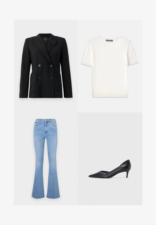 Juodas dvigubas švarkas, pagamintas iš struktūruotos medžiagos, su išpjautomis atlapomis, dviem priekinėmis kišenėmis ir taisyklingais juodais mygtukais.; Baltas trumpas rankovėmis megztinis su apvaliu kaklu, pasižymintis lygia tekstūra ir subtiliais raštuotais akcentais rankovėse bei apykaulyje.; Šviesiai mėlynos plačios džinsinės kelnės aukštu liemeniu, pagamintos iš džinsinio audinio, su priekinių kišenių ir subtiliu išblukusiu tekstūru.; Juodi odiniai aukštakulniai su smailiu priekeliu ir žemu kulnu. Turi lygią tekstūrą ir subtilų blizgesį. Priekyje yra atvira anga, suteikianti papildomo detalių.