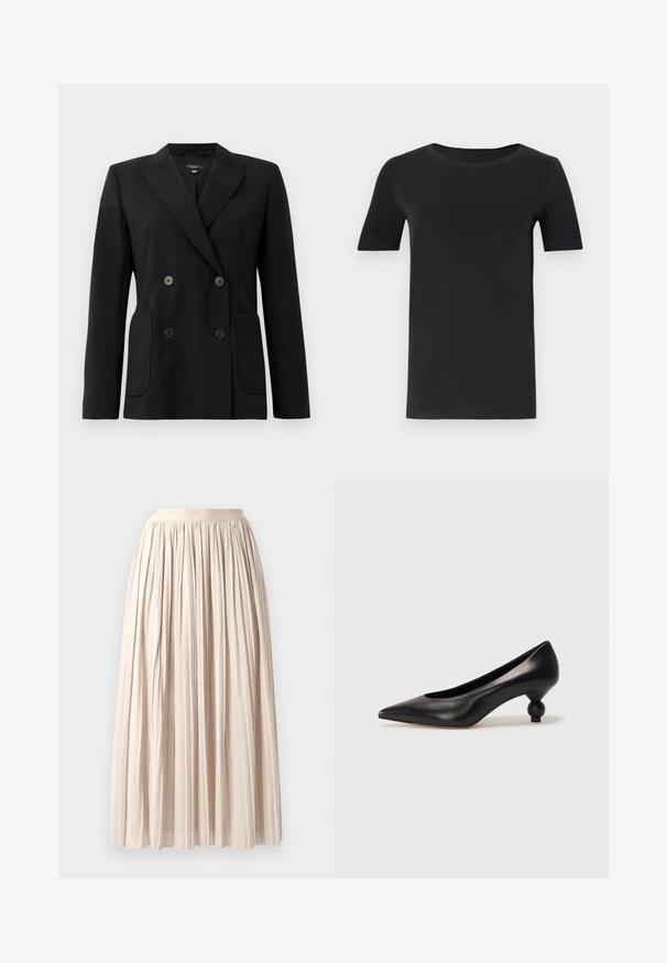 Blazer negro de doble botonadura, hecho de una tela estructurada, con solapas de muesca, dos bolsillos frontales y cuatro botones negros.; Camiseta de manga corta negra hecha de algodón suave, con un cuello redondo y un corte clásico. Textura suave, sin patrones ni adornos.; Falda midi plisada en tela color beige claro. Presenta una cinturilla elástica y un diseño fluido, que muestra un acabado texturizado y una caída suave.; Zapato de tacón alto de cuero negro con puntera afilada y un tacón redondeado y abombado. Textura suave con un diseño elegante y minimalista.