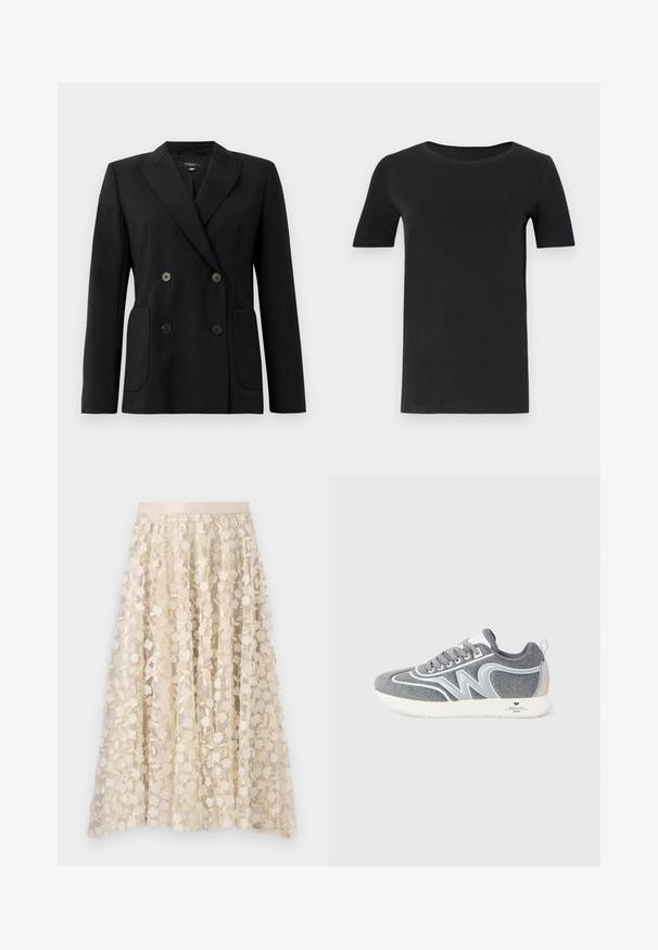 Zwarte dubbelgebreide blazer van gestructureerde stof, met notch revers, twee voord pockets en vier zwarte knopen.; Zwarte t-shirt met korte mouwen van zacht katoen, met een ronde hals en een klassieke pasvorm. Soepele textuur, geen patronen of versieringen.; Bloemrijke borduursels op een doorschijnende, crèmekleurige rok met een satijnen tailleband. Het ontwerp bevat kleine, delicate bloemen en bladeren.; Grijs en witte lage sneaker met veters, "W" ontwerp aan de zijkant en een witte zool met het merk "Weekend Max Mara" op de hiel.