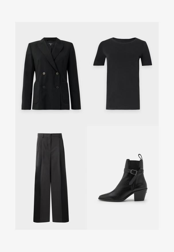 Blazer negru cu două rânduri de nasturi, realizat dintr-un material structurat, având rever cu decupaj, două buzunare frontale și patru nasturi negri.; Tricou negru cu mânecă scurtă, confecționat din bumbac moale, cu un gât rotund și o croială clasică. Textură netedă, fără modele sau broderii.; Pantaloni negri cu talie înaltă, cu picioare largi, având pliseuri frontale, o textură netedă și un finisaj croit. Concepuți pentru o croială relaxată.; Botine negre din piele cu vârf ascuțit, toc pătrat și detaliu cu cataramă pe lateral. Prezintă o textură netedă și o curea la spate.