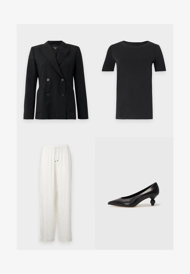 Mustvalge topeltkinnitatud bleiser, mis on valmistatud jäigast kangast, millel on kraed, kaks esist pocketit ja neli musta nööpi.; Must must valmistatud pehmest puuvillast, lühikeste varrukatega, ümmarguse kaelusega ja klassikalise lõikega. Sile tekstuur, ilma mustrite või kaunistusteta.; Valged, kergekaalulised, lõdvestatud püksid, millel on elastne vöökoht ja nöör. Omavad õiget läiget ja sirget lõiget.; Must musta kõrge kontsaga king, millel on terav nina ja ümar, pallikujuline konts. Sile pind ja elegantne, minimalistlik disain.