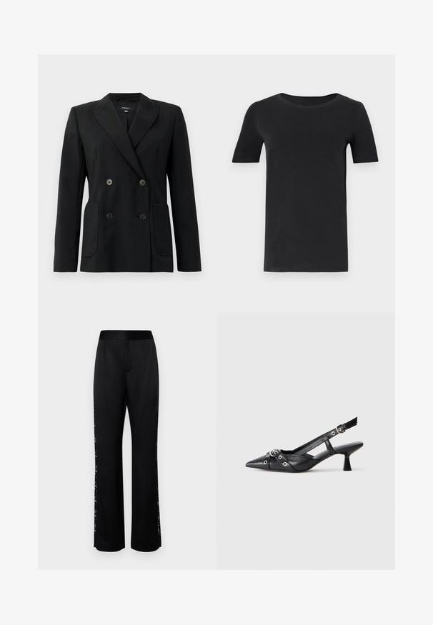 Crni dvostruki sako od čvrstog materijala, s reverima, dva prednja džepa i četiri crna dugmeta.; Crna majica kratkih rukava od mekanog pamuka, s okruglim izrezom i klasičnim krojem. Glatka tekstura, bez uzoraka ili ukrasa.; Crne hlače glatke, sjajne teksture, s čipkastim detaljima uz strane. Širokog kroja, s krojenim pojasom i bez vidljivih džepova.; Crne kožne cipele s remenom oko pete, s izduženim vrhom, dekorativnim trakama s metalnim rupama i niskom blok petom. Teksturirana površina.