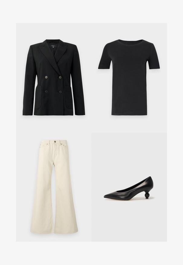 Juodas dvigubas švarkas, pagamintas iš struktūruotos medžiagos, su išpjautomis atlapomis, dviem priekinėmis kišenėmis ir taisyklingais juodais mygtukais.; Juodas trumpas rankovėmis marškinėlis, pagamintas iš minkštos medvilnės, su apvaliu iškirpimu ir klasikiniu siluetu. Lygus paviršius, be raštų ar puošmenų.; Šviesiai smėlinės spalvos platėjantys džinsai, pagaminti iš medvilnės. Yra aukštas liemuo, penkios kišenės ir mygtuko užsegimas su kontrastingos siuvinėjimo detalėmis.; Juoda odinė aukštakulnė bateliai su smailiu pirštu ir apvaliu, iškiliu kulnu. Lygus paviršius su elegantišku, minimalistiniu dizainu.