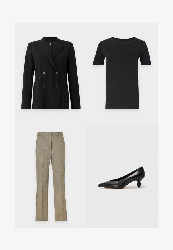 Juodas dvigubas švarkas, pagamintas iš struktūruotos medžiagos, su išpjautomis atlapomis, dviem priekinėmis kišenėmis ir taisyklingais juodais mygtukais.; Juodas trumpas rankovėmis marškinėlis, pagamintas iš minkštos medvilnės, su apvaliu iškirpimu ir klasikiniu siluetu. Lygus paviršius, be raštų ar puošmenų.; Šviesiai rudos ir juodos langeliais raštuotas pritaikytas kelnes su tiesia koja, su diržo kilpomis ir šoninėmis kišenėmis, pagamintas iš lygaus audinio.; Juoda odinė aukštakulnė bateliai su smailiu pirštu ir apvaliu, iškiliu kulnu. Lygus paviršius su elegantišku, minimalistiniu dizainu.