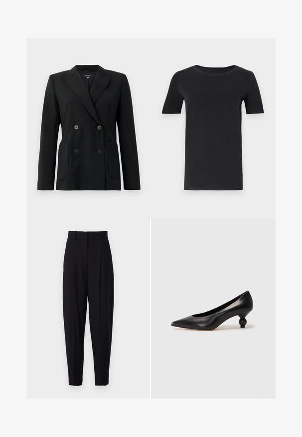 Black double-breasted blazer made of structured fabric, featuring notch lapels, two front pockets, and four black buttons.; Black short-sleeve t-shirt made of soft cotton, with a round neckline and a classic fit. Smooth texture, no patterns or embellishments.; Vanessa Bruno DAVID - Trousers - noir; Black leather high heel shoe with a pointed toe and a round, balled heel. Smooth texture with a sleek, minimal design.