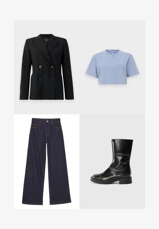 Sort dobbeltradet blazer lavet af struktureret stof, med klapkrave, to forlommer og fire sorte knapper.; Beskåret lyseblå t-shirt lavet af blødt stof, med korte ærmer, rund halsudskæring og et lille grafisk print på forsiden.; Bredbenede jeans i mørkeblå denim. Har gyldne syninger og fem lommer, inklusive to forlommer og en baglomme, med knaplukning.; Sort læder ankelstøvle med rund tå, glat overflade, kontrastsyning og blokhæl, der har en let afsmalnet silhuet.