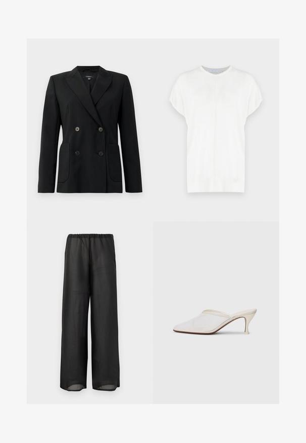 Black double-breasted blazer made of structured fabric, featuring notch lapels, two front pockets, and four black buttons.; White short-sleeve knit top with a round neckline, featuring a smooth texture and subtle seam detailing on the front.; Black wide-leg pants made of lightweight, semi-sheer fabric with an elastic waistband. The design features a flowing and relaxed silhouette.; White mesh pointed-toe mule with a slim mid-height heel and slip-on design against a plain background.