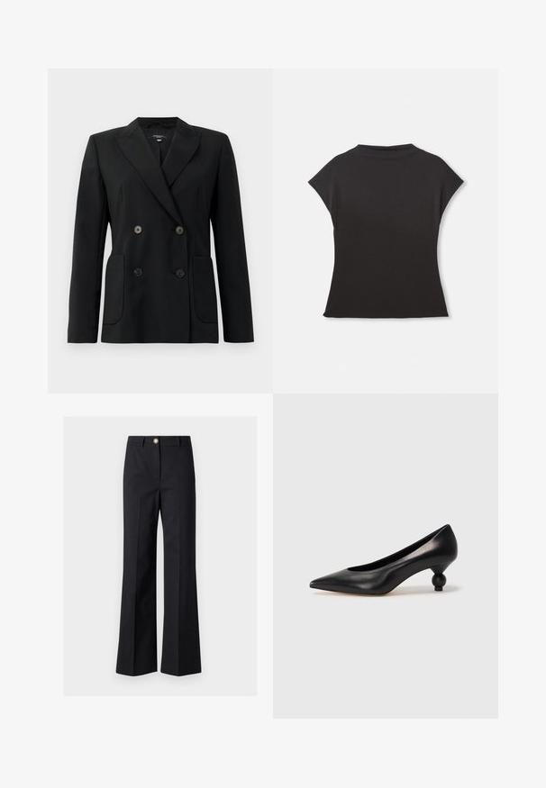Melnā dubultā jaciņa, kas izgatavota no strukturēta auduma, ar griezumiem pie apkakles, divām priekšējām kabatām un četriem melniem pogām.; Melna īsām piedurknēm augsta kakla blūze ar brīvu piegriezumu. Izgatavota no mīksta auduma ar gludu tekstūru. Nav redzamu rakstu vai grafikas.; Marella Auduma bikses - nero; Melnas ādas augstpapēžu kurpes ar smailu purngalu un apaļu papēdi. Gluda tekstūra ar elegantu, minimālistisku dizainu.
