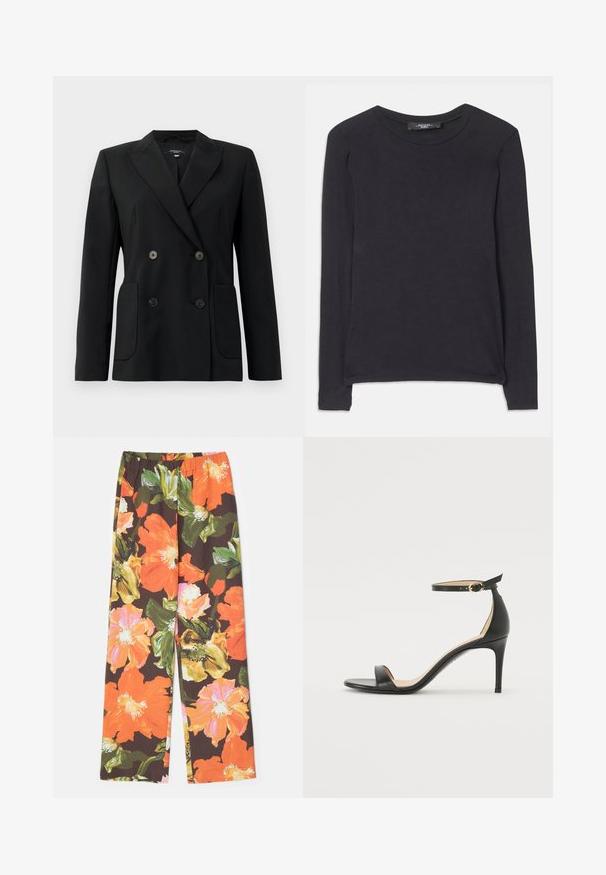 Črn dvoredni blazer iz strukturirane tkanine, z ovratnikom tipa notch, dvema sprednjima žepoma in štirimi črnimi gumbi.; Črna majica z dolgimi rokavi in okroglim izrezom, izdelana iz mehkega blaga. Ima preprost dizajn in subtilne šive ob robu.; Stine Goya FATOU STRUCTURE STRETCH - Hlače - summer night; Črne usnjene sandale s peto, ki imajo priponko za gleženj. Imajo gladko teksturo, odprt prst in tanek peto. Podrobnost z zlatim sponko.