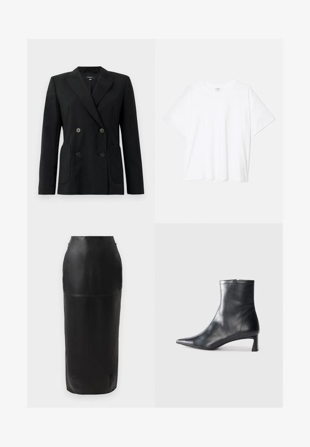 Melnā dubultā jaciņa, kas izgatavota no strukturēta auduma, ar griezumiem pie apkakles, divām priekšējām kabatām un četriem melniem pogām.; Balta kokvilnas T-krekls ar īsām piedurknēm, apaļu dekoltē, brīva piegriezuma un šūtu apakšmalu. Etiķete redzama iekšējā kakla daļā.; Melna ādas midi svārki ar pieguļošu siluetu, gludu tekstūru, augstu jostasvietu un diskrētu rāvējslēdzēja aizdari sānos. Nav rakstainu vai dekoratīvu elementu.; Melnas ādas potītes zābaki ar norādītu pirkstu un elegantu dizainu. Iezīmē zemu papēdi un rāvējslēdzēja aizdari aizmugurē. Gluda tekstūra.