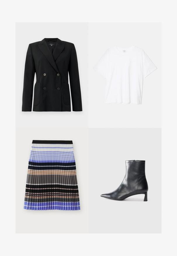 Blazer noir croisé en tissu structuré, avec des revers en pointe, deux poches avant et quatre boutons noirs.; T-shirt en coton blanc avec des manches courtes, un col rond, une coupe décontractée et un ourlet cousu. Étiquette visible à l'intérieur du col.; MUNTHE MARMING - Jupe trapèze - multi-coloured; Bottine en cuir noir avec un bout pointu et un design épuré. Présente un petit talon et une fermeture éclair à l'arrière. Texture lisse.