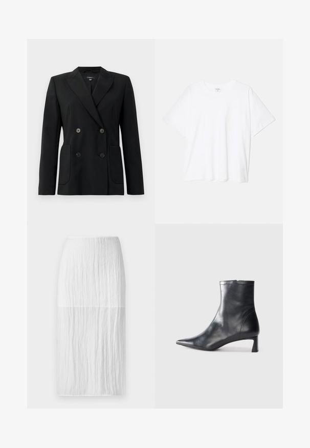 Black double-breasted blazer made of structured fabric, featuring notch lapels, two front pockets, and four black buttons.; White cotton t-shirt with short sleeves, round neckline, relaxed fit, and stitched hem. Label visible on the inside neck.; White knee-length skirt made of textured fabric with vertical pleats, featuring a smooth waistband and a straight silhouette.; Black leather ankle boot with a pointed toe and a sleek design. Features a low heel and a zipper closure at the back. Smooth texture.