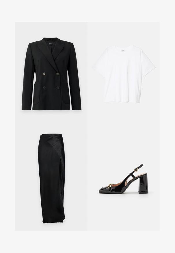 Blazer negru cu două rânduri de nasturi, realizat dintr-un material structurat, având rever cu decupaj, două buzunare frontale și patru nasturi negri.; Tricou alb din bumbac, cu mâneci scurte, guler rotund, croi lejer și tiv cusut. Eticheta este vizibilă pe interiorul gulerului.; Fustă maxi din satin negru, cu slit lateral, textură netedă și design drapat. Dispune de talie înaltă și siluetă fluidă.; Cizme elegante din piele patent neagră cu vârf ascuțit, toc bloc lat, detalii decorative din aur și curea texturată.