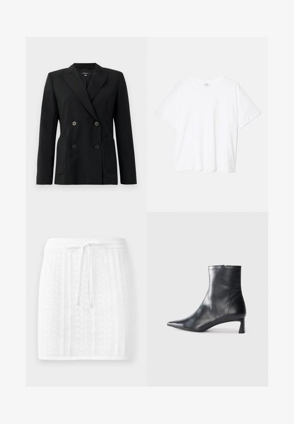 Blazer preto de dupla face feito de tecido estruturado, apresentando lapelas com corte em notch, dois bolsos frontais e quatro botões pretos.; T-shirt de algodão branco com mangas curtas, decote redondo, corte descontraído e bainha cosida. Etiqueta visível no interior do pescoço.; Saia de malha branca com um padrão texturizado e riscas verticais; apresenta uma cintura com cordão e uma bainha cascata.; Bota de tornozelo em pele preta com biqueira apontada e um design elegante. Apresenta um salto baixo e um fecho com zipper na parte de trás. Textura suave.