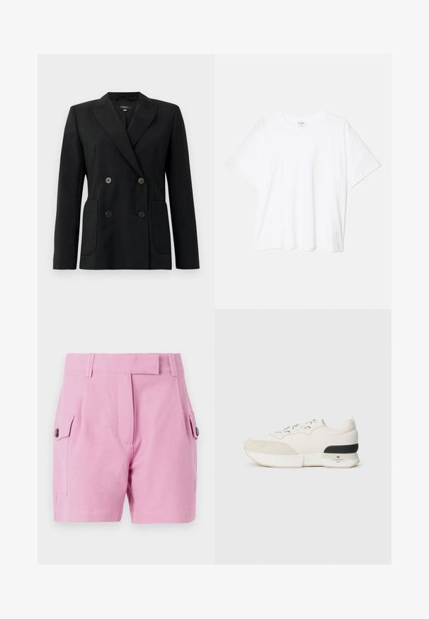 Schwarzer, doppelt gefütterter Blazer aus strukturiertem Stoff, mit Reverskragen, zwei Vordertaschen und vier schwarzen Knöpfen.; Weißes Baumwoll-T-Shirt mit kurzen Ärmeln, runder Halslinie, lockerer Passform und genähtem Saum. Etikett sichtbar am inneren Kragen.; Helle rosa Shorts mit einem taillierten Design, flachem Ansatz, seitlichen Taschen mit Knopfverschluss und einer glatten Stoffstruktur.; Weißer Sneaker mit einer strukturierten Wildleder-Zehenkappe, glattem Mesh-Obermaterial, dekorativen Schnürsenkeln und einem schwarzen Gummibezug an der Ferse.