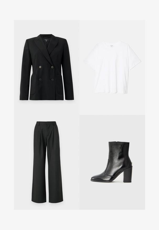 Musta kaksirivinen bleiseri, joka on valmistettu jämäkästä kankaasta ja jossa on asetelmalapelit, kaksi etutaskua ja neljä mustaa nappia.; Valkoinen puuvillapaita lyhyillä hihoilla, pyöreällä pääntiellä, rentoa tyyliä ja ommeltu helma. Tunniste näkyvissä sisäkauluksessa.; Won Hundred CAMILLE TROUSERS - Housut - licorice; Mustat nahka ankle bootit, joissa on sileä pinta, terävä kärki ja paksu korkea korko. Sivusaumassa on avaus ja muuten yksinkertainen muotoilu.