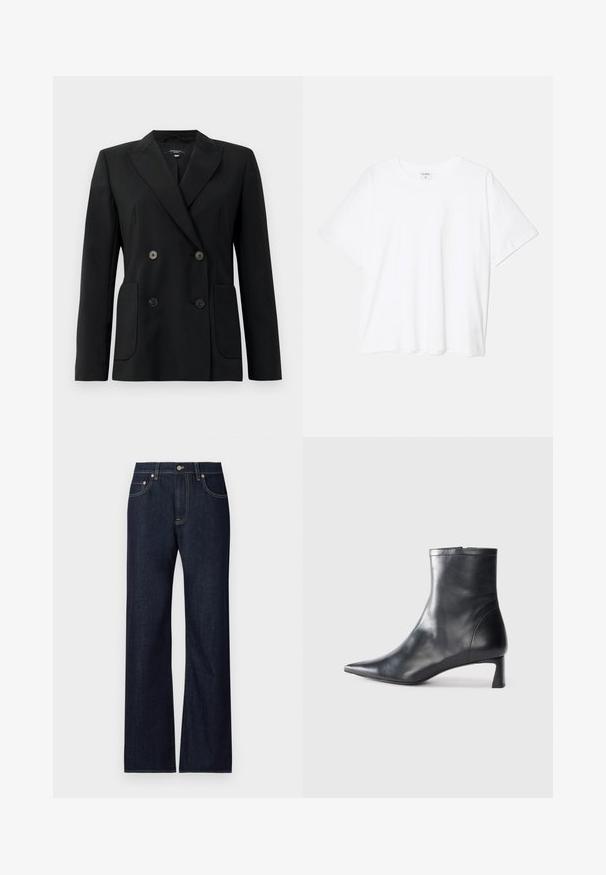 Černý dvouřadý blazer vyrobený z pevných tkanin, s klopovými límci, dvěma předními kapsami a čtyřmi černými knoflíky.; Bílý bavlněný tričko s krátkým rukávem, kulatým výstřihem, volným střihem a šitým lemem. Nálepka viditelná na vnitřní straně výstřihu.; Tmavě modré džíny z denimového materiálu s rovným střihem, které mají pět kapes, kontrastní žluté švy a kovové zapínání na knoflík.; Černé kožené kotníkové boty s špičatou špičkou a elegantním designem. Mají nízký podpatek a zipové zapínání na zadní straně. Hladká textura.