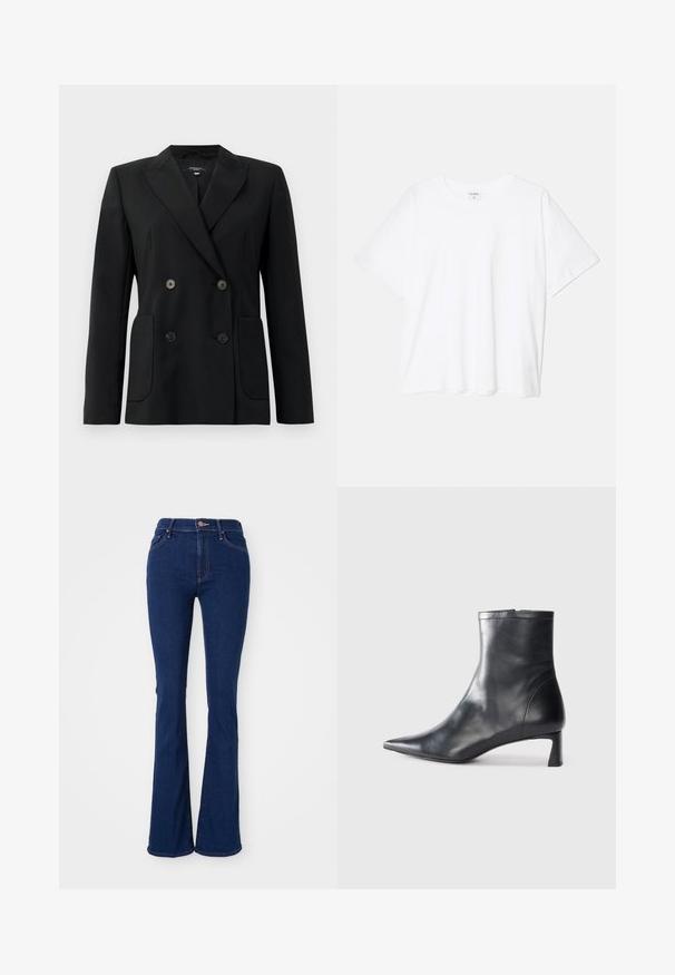 Fekete, kétsoros zakó, amely strukturált anyagból készült, kihajtott gallérral, két elülső zsebbel és négy fekete gombbal rendelkezik.; Fehér pamut póló rövid ujjal, kerek nyakkivágással, laza fazonnal és varrott szegéllyel. Címke látható a belső nyakrészén.; Sötétkék, flared farmernadrág, pamut denim anyagból, magas derekú, öt zsebes, finom varrási részletekkel és sima felülettel.; Fekete bőr bokacsizma hegyes orral és letisztult dizájnnal. Alacsony sarka és hátsó cipzáras záródása van. Simának tűnő textúra.