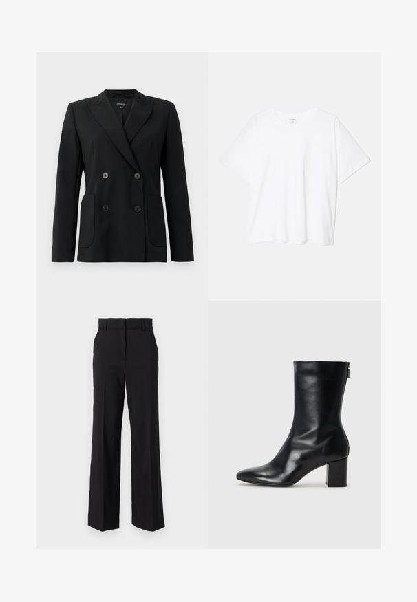 Melnā dubultā jaciņa, kas izgatavota no strukturēta auduma, ar griezumiem pie apkakles, divām priekšējām kabatām un četriem melniem pogām.; Balta kokvilnas T-krekls ar īsām piedurknēm, apaļu dekoltē, brīva piegriezuma un šūtu apakšmalu. Etiķete redzama iekšējā kakla daļā.; Melni pielāgoti bikses ar taisnu, platu kāju dizainu, ar gludu tekstūru un plakanu priekšpusi ar jostu cilpiņām.; Melna ādas potītes zābaks ar norādītu purngalu un 4 cm bloku papēdi. Gluds dizains ar sānu rāvējslēdzēju vieglai uzvilkšanai. Gluda tekstūra.