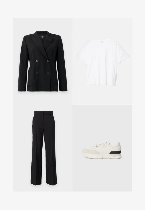 Fekete, kétsoros zakó, amely strukturált anyagból készült, kihajtott gallérral, két elülső zsebbel és négy fekete gombbal rendelkezik.; Fehér pamut póló rövid ujjal, kerek nyakkivágással, laza fazonnal és varrott szegéllyel. Címke látható a belső nyakrészén.; Fekete, szabott nadrág, egyenes, széles lábakkal, sima textúrával és lapos elülső résszel, övhurkokkal.; Fehér sneaker, amelynek texturált velúr orrkáva van, sima hálós felsőrésze, díszcsipkéje, valamint fekete gumi sarok kiemelése.