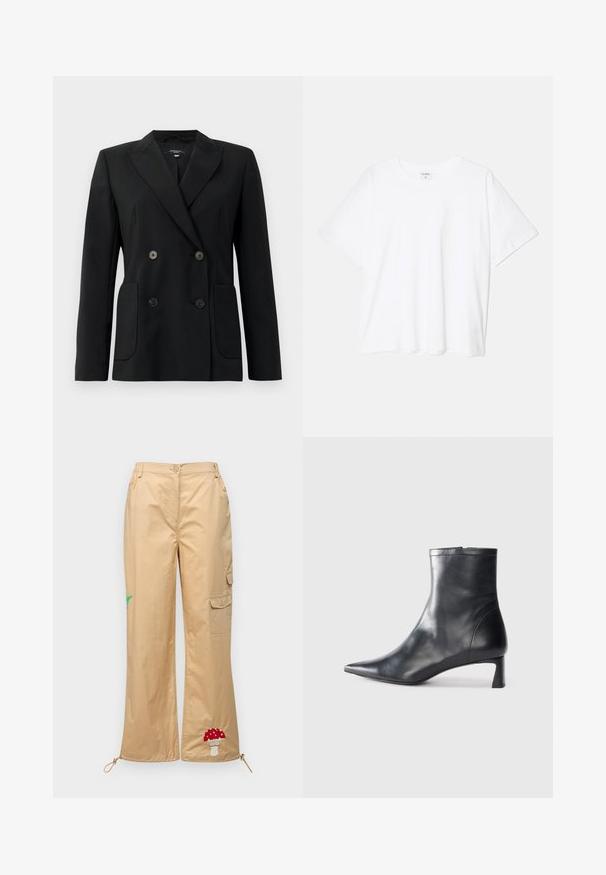 Black double-breasted blazer made of structured fabric, featuring notch lapels, two front pockets, and four black buttons.; White cotton t-shirt with short sleeves, round neckline, relaxed fit, and stitched hem. Label visible on the inside neck.; Beige cargo pants made from smooth fabric, featuring an embroidered mushroom and palm leaf, adjustable hem, and side pockets.; Black leather ankle boot with a pointed toe and a sleek design. Features a low heel and a zipper closure at the back. Smooth texture.