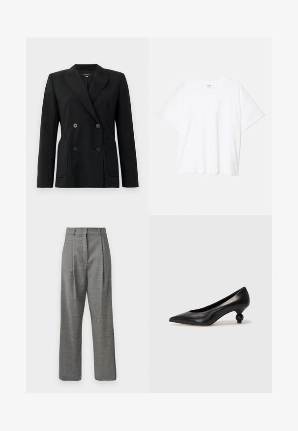 Blazer noir croisé en tissu structuré, avec des revers en pointe, deux poches avant et quatre boutons noirs.; T-shirt en coton blanc avec des manches courtes, un col rond, une coupe décontractée et un ourlet cousu. Étiquette visible à l'intérieur du col.; Pantalons gris taille haute avec un petit motif à carreaux, plis avant, passants de ceinture et jambes droites sur fond blanc.; Chaussure à talon haut en cuir noir avec un bout pointu et un talon arrondi. Texture lisse avec un design épuré et minimal.