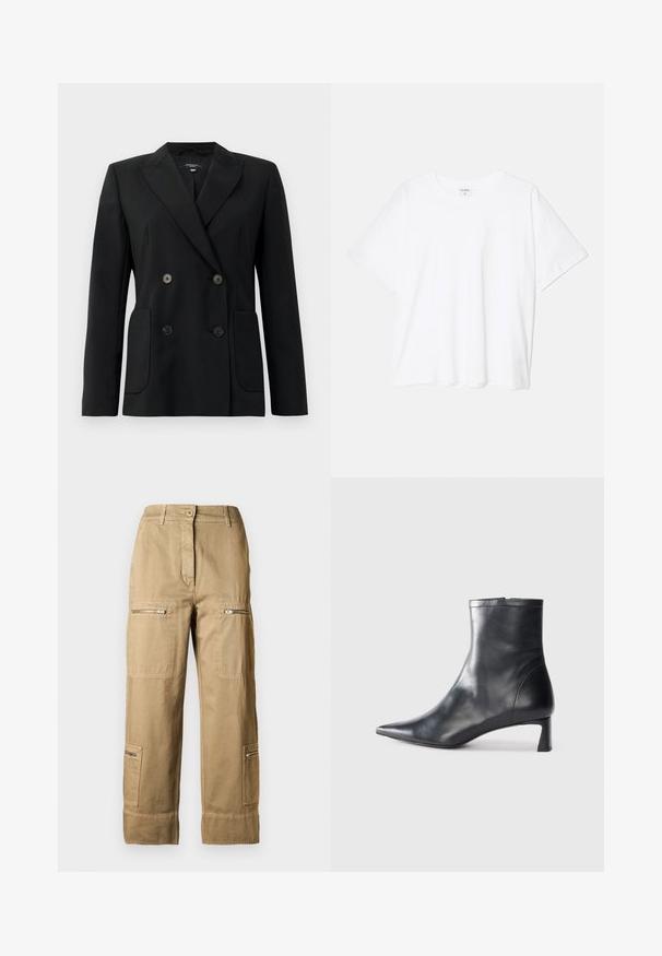 Black double-breasted blazer made of structured fabric, featuring notch lapels, two front pockets, and four black buttons.; White cotton t-shirt with short sleeves, round neckline, relaxed fit, and stitched hem. Label visible on the inside neck.; Cargo pants made of cotton in a light khaki color, featuring multiple pockets, zippers, and a relaxed fit with cuffed hems.; Black leather ankle boot with a pointed toe and a sleek design. Features a low heel and a zipper closure at the back. Smooth texture.