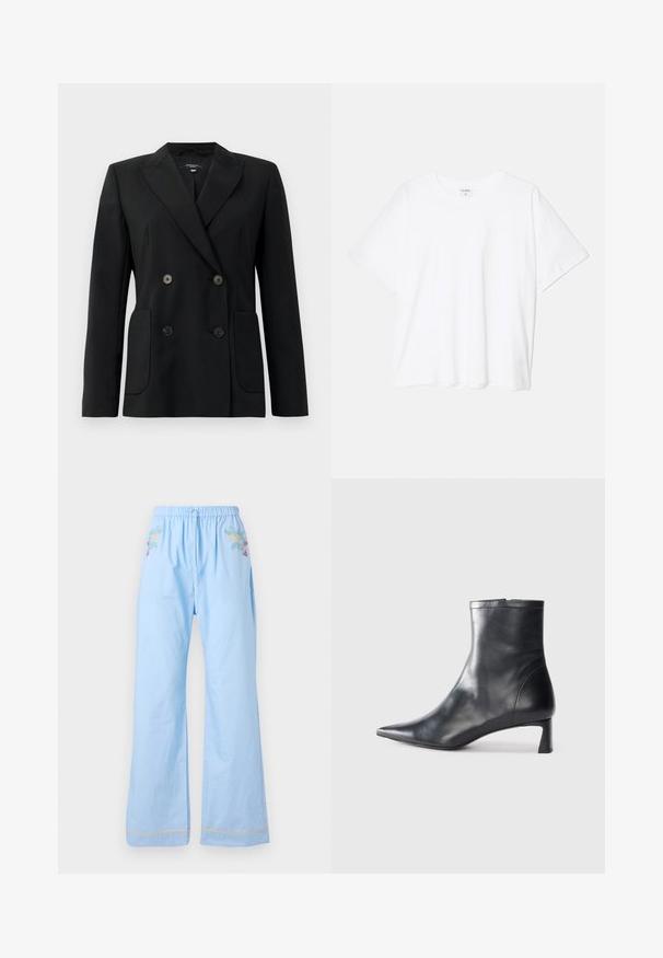 Blazer preto de dupla face feito de tecido estruturado, apresentando lapelas com corte em notch, dois bolsos frontais e quatro botões pretos.; T-shirt de algodão branco com mangas curtas, decote redondo, corte descontraído e bainha cosida. Etiqueta visível no interior do pescoço.; Calças de algodão azul claro com cintura elástica, apresentando bordados florais na frente e um acabamento contrastante nas bainhas.; Bota de tornozelo em pele preta com biqueira apontada e um design elegante. Apresenta um salto baixo e um fecho com zipper na parte de trás. Textura suave.