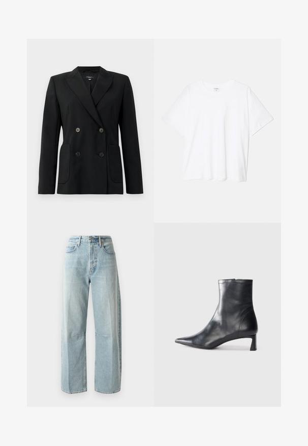 Črn dvoredni blazer iz strukturirane tkanine, z ovratnikom tipa notch, dvema sprednjima žepoma in štirimi črnimi gumbi.; Bela bombažna majica s kratkimi rokavi, okroglim izrezom, sproščenim krojem in šivanim robom. Oznaka vidna na notranji strani izreza.; Svijetloplave široke traperice izrađene od denima. Imaju visoki struk, dva prednja džepa i ravne nogavice s blagim izbljeđivanjem na tkanini.; Črne usnjene gležnjarje s šiljastim nosom in elegantnim dizajnom. Imajo nizko peto in zadrgo na zadnji strani. Gladka tekstura.