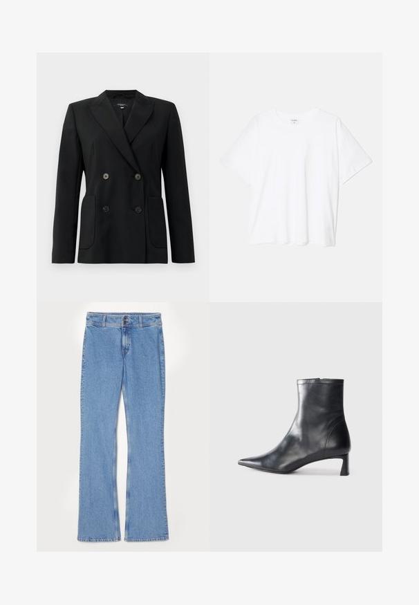 Černý dvouřadý blazer vyrobený z pevných tkanin, s klopovými límci, dvěma předními kapsami a čtyřmi černými knoflíky.; Bílý bavlněný tričko s krátkým rukávem, kulatým výstřihem, volným střihem a šitým lemem. Nálepka viditelná na vnitřní straně výstřihu.; Světle modré džíny s rozšířenými nohavicemi, středně vysokým pasem, zapínáním na knoflík a zip, předními kapsami a vybledlým vzhledem.; Černé kožené kotníkové boty s špičatou špičkou a elegantním designem. Mají nízký podpatek a zipové zapínání na zadní straně. Hladká textura.