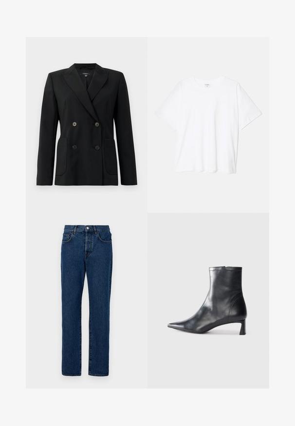 Blazer preto de dupla face feito de tecido estruturado, apresentando lapelas com corte em notch, dois bolsos frontais e quatro botões pretos.; T-shirt de algodão branco com mangas curtas, decote redondo, corte descontraído e bainha cosida. Etiqueta visível no interior do pescoço.; Jeans de ganga em azul escuro, com um corte clássico de perna reta, cinco bolsos e costura visível. O tecido tem uma ligeira textura.; Bota de tornozelo em pele preta com biqueira apontada e um design elegante. Apresenta um salto baixo e um fecho com zipper na parte de trás. Textura suave.