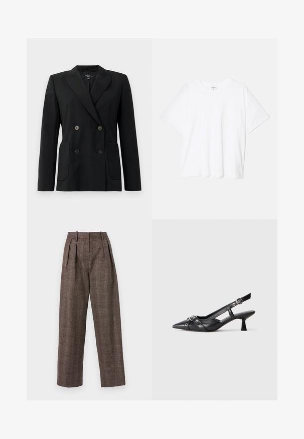 Black double-breasted blazer made of structured fabric, featuring notch lapels, two front pockets, and four black buttons.; White cotton t-shirt with short sleeves, round neckline, relaxed fit, and stitched hem. Label visible on the inside neck.; Brown plaid trousers with wide legs, pleated front, and a textured fabric. Features blue and beige lines within the pattern.; Black leather slingback shoe with a pointed toe, decorative straps featuring metal eyelets, and a low block heel. Textured surface.