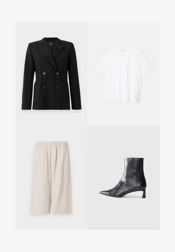 Crni dvostruki sako od čvrstog materijala, s reverima, dva prednja džepa i četiri crna dugmeta.; Bijela pamučna majica s kratkim rukavima, okruglim izrezom, opuštenim krojem i šivenim rubom. Etiketa je vidljiva na unutarnjoj strani vrata.; Beige kratke hlače izrađene od lagane tkanine, s elastičnim pojasom, dužine do koljena i glatke teksture. Jednostavan dizajn bez uzoraka.; Crne kožne gležnjače s uskim vrhom i elegantnim dizajnom. Imaju niski potpetak i zatvaranje na patentni zatvarač straga. Glatka tekstura.