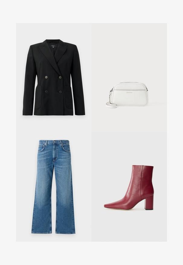 Blazer preto de dupla face feito de tecido estruturado, apresentando lapelas com corte em notch, dois bolsos frontais e quatro botões pretos.; T-shirt de algodão branco com mangas curtas, decote redondo, corte descontraído e bainha cosida. Etiqueta visível no interior do pescoço.; Jeans largos azuis com cinco bolsos, fecho em botão e um leve desgaste subtil na parte da frente e nas pernas.; Bota de tornozelo em couro bordô com bico afiado, salto bloco e textura suave, apresentando um design sem emendas e sem hardware visível.; Bolsa de couro branca a tiracolo, de forma retangular, textura lisa, fecho com zíper, alça ajustável, design minimalista com logótipo em relevo.