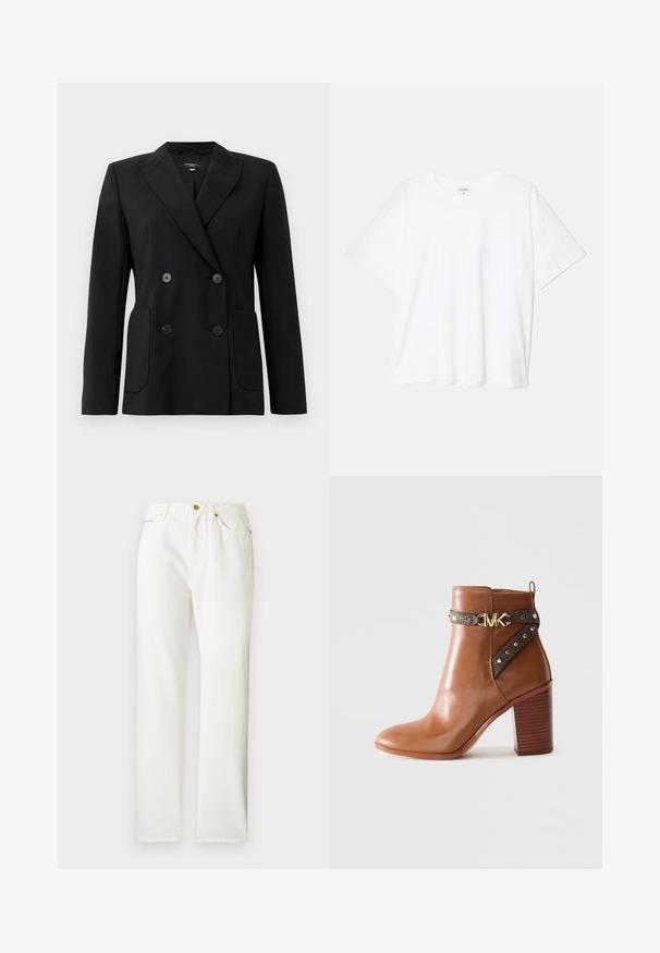 Zwarte dubbelgebreide blazer van gestructureerde stof, met notch revers, twee voord pockets en vier zwarte knopen.; Witte katoenen t-shirt met korte mouwen, ronde halslijn, comfortabele pasvorm en gestikte zoom. Etiket zichtbaar aan de binnenzijde van de hals.; Witte denim broek met een rechte pijpdesign, voorzien van een voorste knoopsluiting en subtiele textuur. Inclusief zijzakken en minimale hardware.; Bruine leren enkellaars met een gestapelde blokhak, zijriem met gouden studs en een gouden "MK" logo gesp.