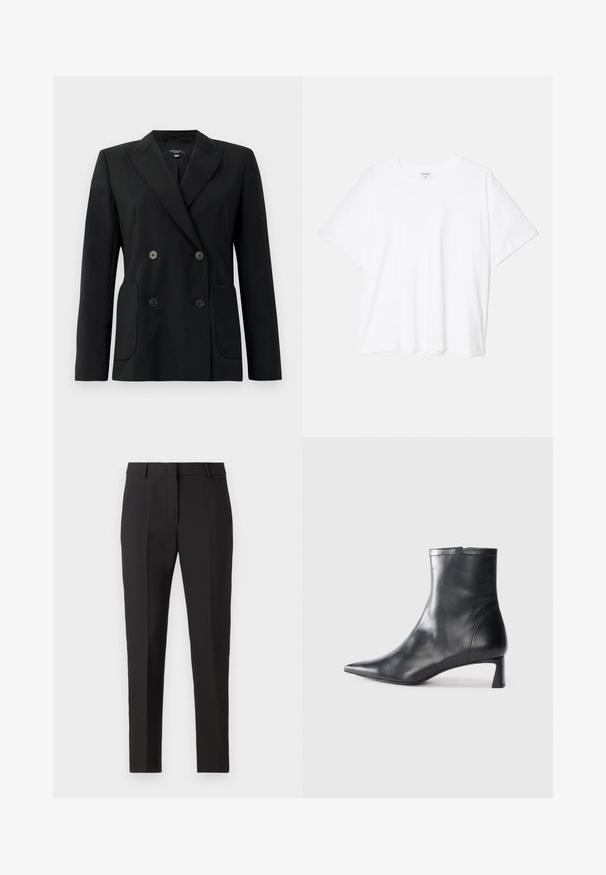 Sort dobbeltradet blazer lavet af struktureret stof, med klapkrave, to forlommer og fire sorte knapper.; Hvid bomulds-t-shirt med korte ærmer, rund halsudskæring, afslappet pasform og stitched søm. Mærket er synligt indeni halsen.; Sorte skræddersyede bukser med lige ben, der har flad front, bæltestropper og ingen synlige mønstre eller udsmykninger.; Sort læder ankelstøvle med spids tå og et strømlinet design. Har en lav hæl og en lynlås lukning bagpå. Glat tekstur.