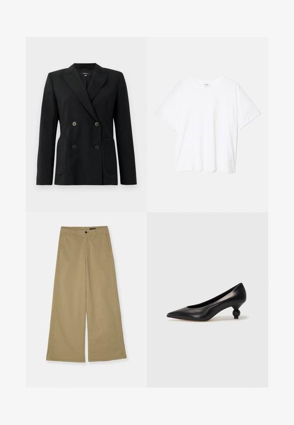 Blazer noir croisé en tissu structuré, avec des revers en pointe, deux poches avant et quatre boutons noirs.; T-shirt en coton blanc avec des manches courtes, un col rond, une coupe décontractée et un ourlet cousu. Étiquette visible à l'intérieur du col.; Pantalons larges kaki en coton, avec fermeture à bouton, poches latérales et détails de couture visibles. Texture lisse.; Chaussure à talon haut en cuir noir avec un bout pointu et un talon arrondi. Texture lisse avec un design épuré et minimal.