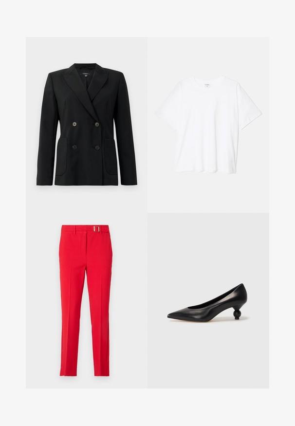 Melnā dubultā jaciņa, kas izgatavota no strukturēta auduma, ar griezumiem pie apkakles, divām priekšējām kabatām un četriem melniem pogām.; Balta kokvilnas T-krekls ar īsām piedurknēm, apaļu dekoltē, brīva piegriezuma un šūtu apakšmalu. Etiķete redzama iekšējā kakla daļā.; Sarkani piegriezti bikses ar gludu audumu, šaura piegriezuma un jostu ar metālu sprādzi. Iezīmē asas krokas un sānu kabatas.; Melnas ādas augstpapēžu kurpes ar smailu purngalu un apaļu papēdi. Gluda tekstūra ar elegantu, minimālistisku dizainu.